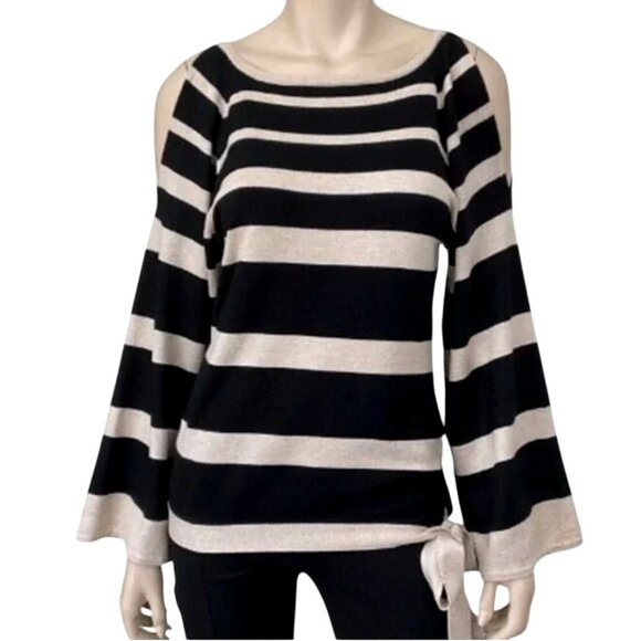 Boston Proper Black Tan Striped Soft Sweater Cold Shoulder Size XS Knit Top Fall - Picture 1 of 7